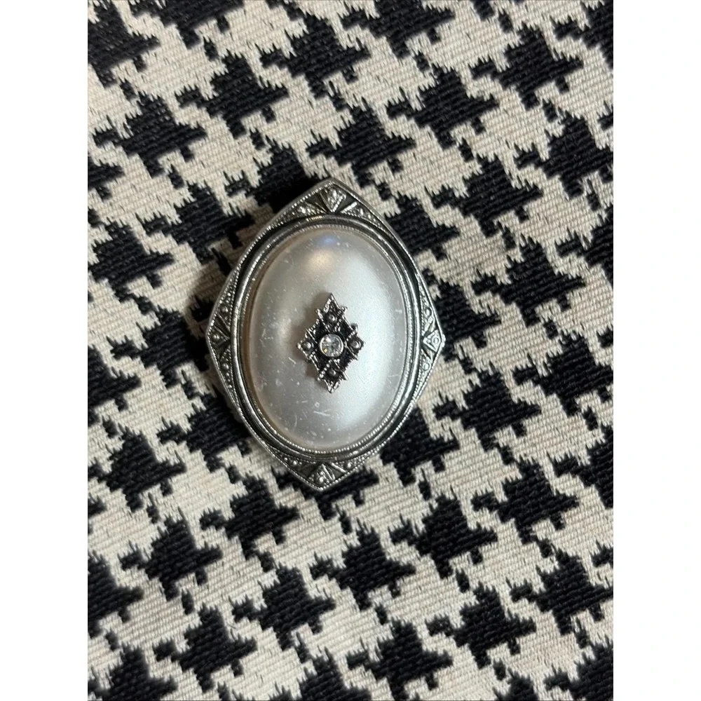 Brooch Lot 3 Rhinestone Silver‎ Tone White Milk Glass Oval Mid Century Pins VTG